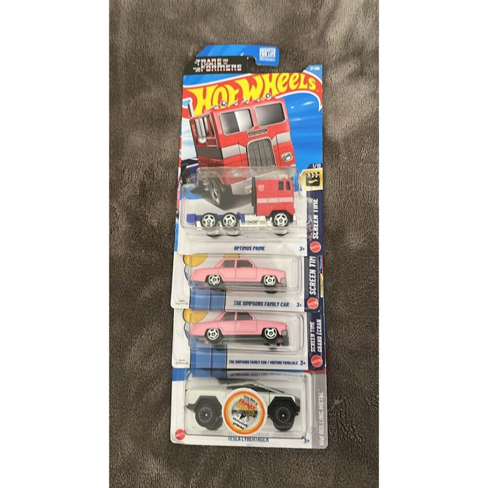 Hot Wheels Cybertruck Screen Time Lot  - Optimus Prime, Simpsons Family Car x2